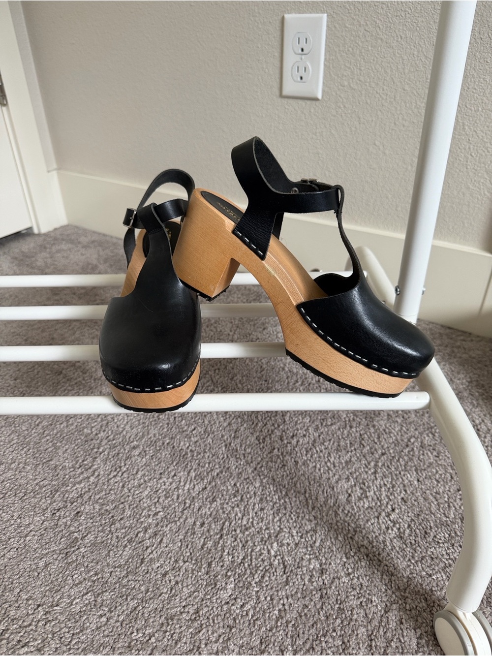 Swedish Hasbeens Black Leather T-Strap Wood Platform Clogs